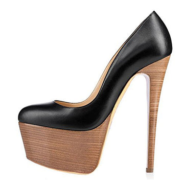 Rounde Toe Platform Wood Grain Stiletto High Heels Pumps