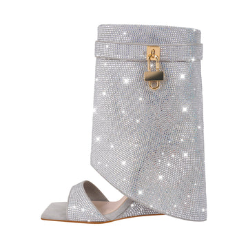 Square Toe Rhinestone Wedge High Heel Boots Sandals