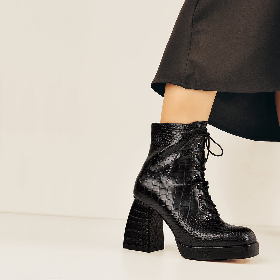 Black Square Chunky Heels Ankle Strap Platform Boots