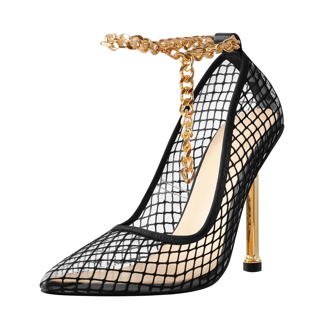 Black Fishnet Pointed Toe Ankle Metal Chain Pumps