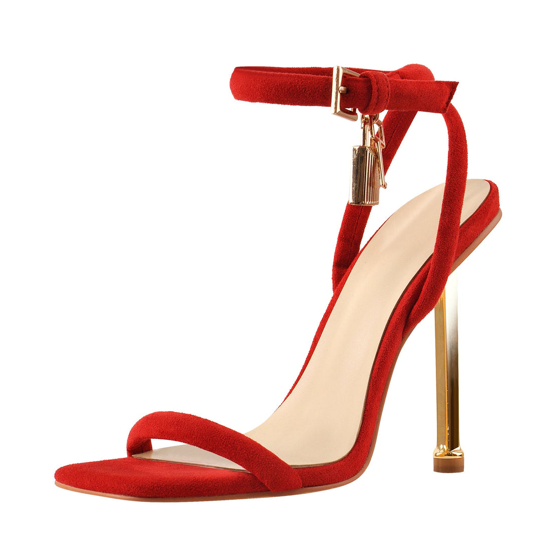 Red Suede Ankle Strap Square Toe Stilettos Metal Heel Sandals