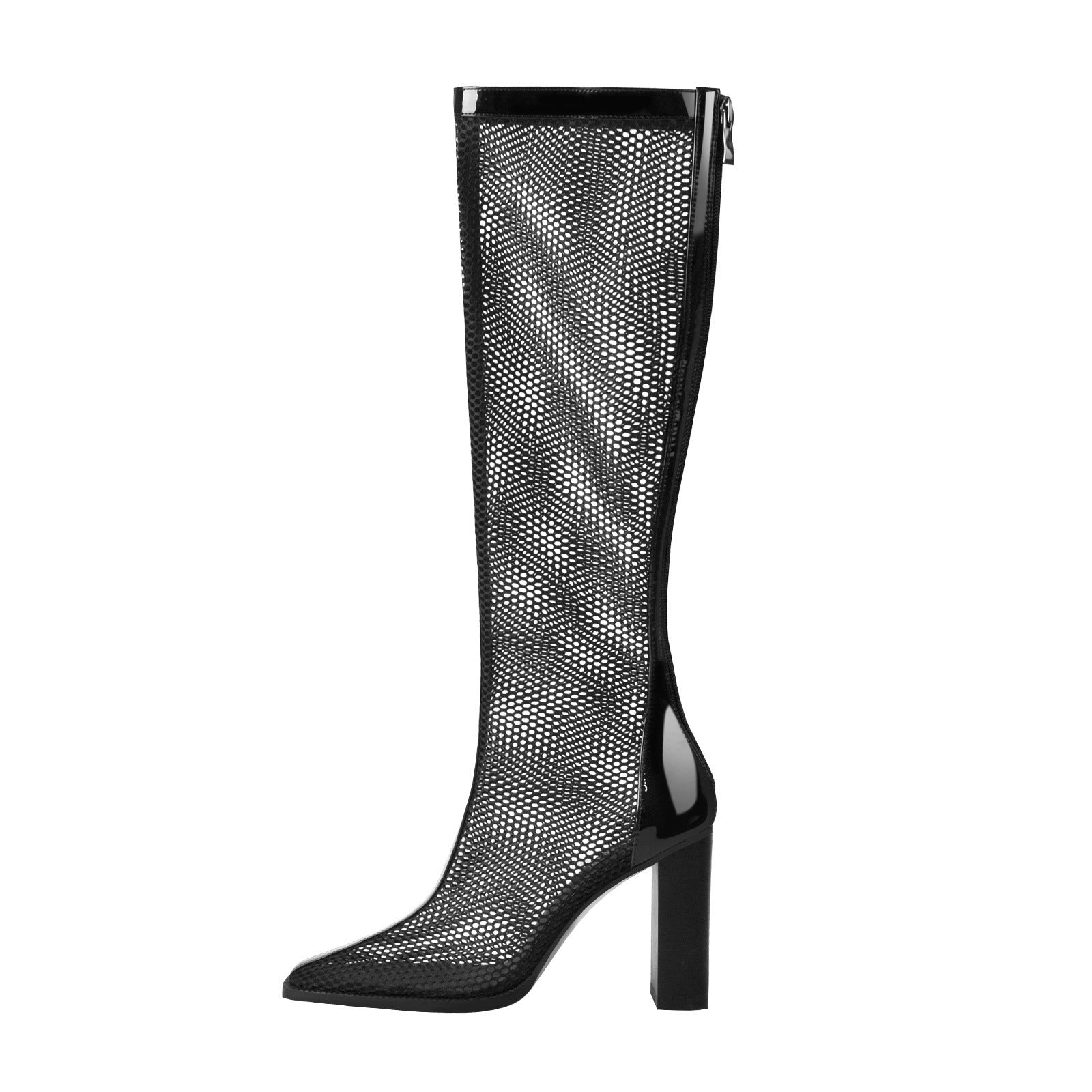 Black Mesh Square Toe Thigh High Boots