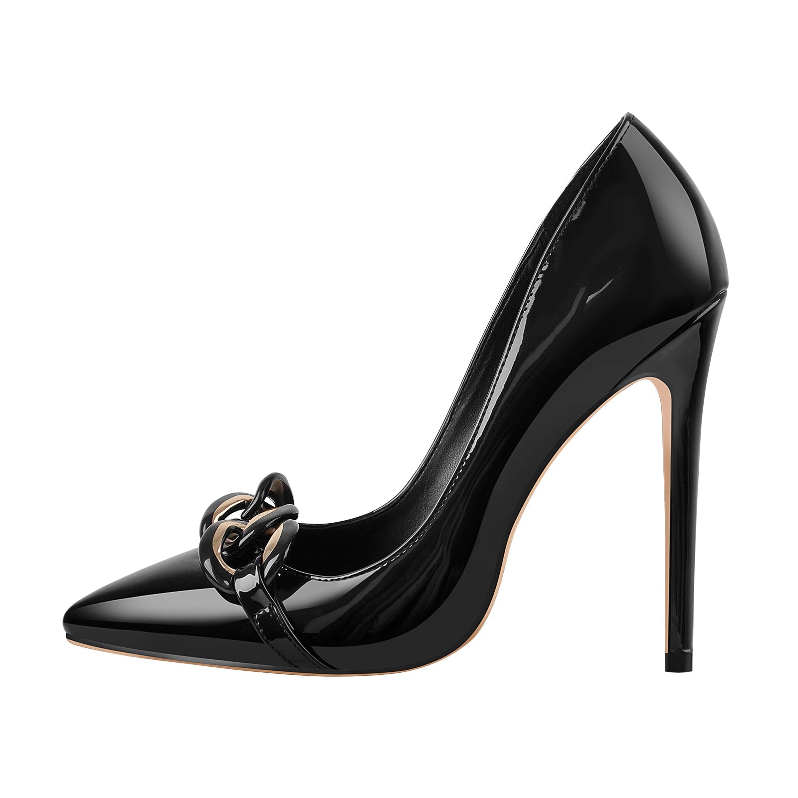 Black Pointed Toe Metal Chain Stiletto Pumps