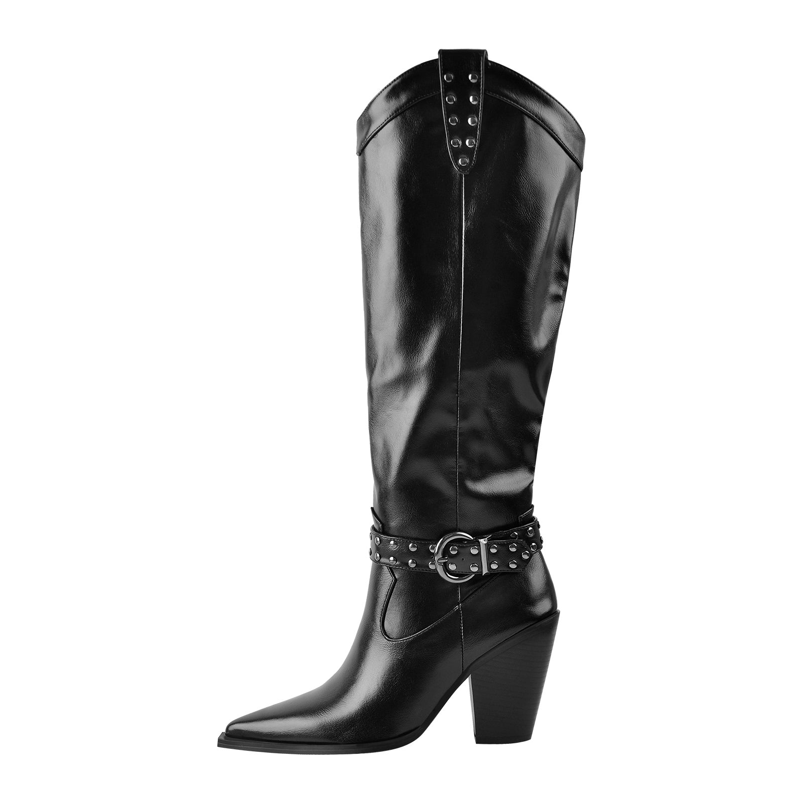 Black Pointed Toe Rivet Belt Cowboy Zipper Boots