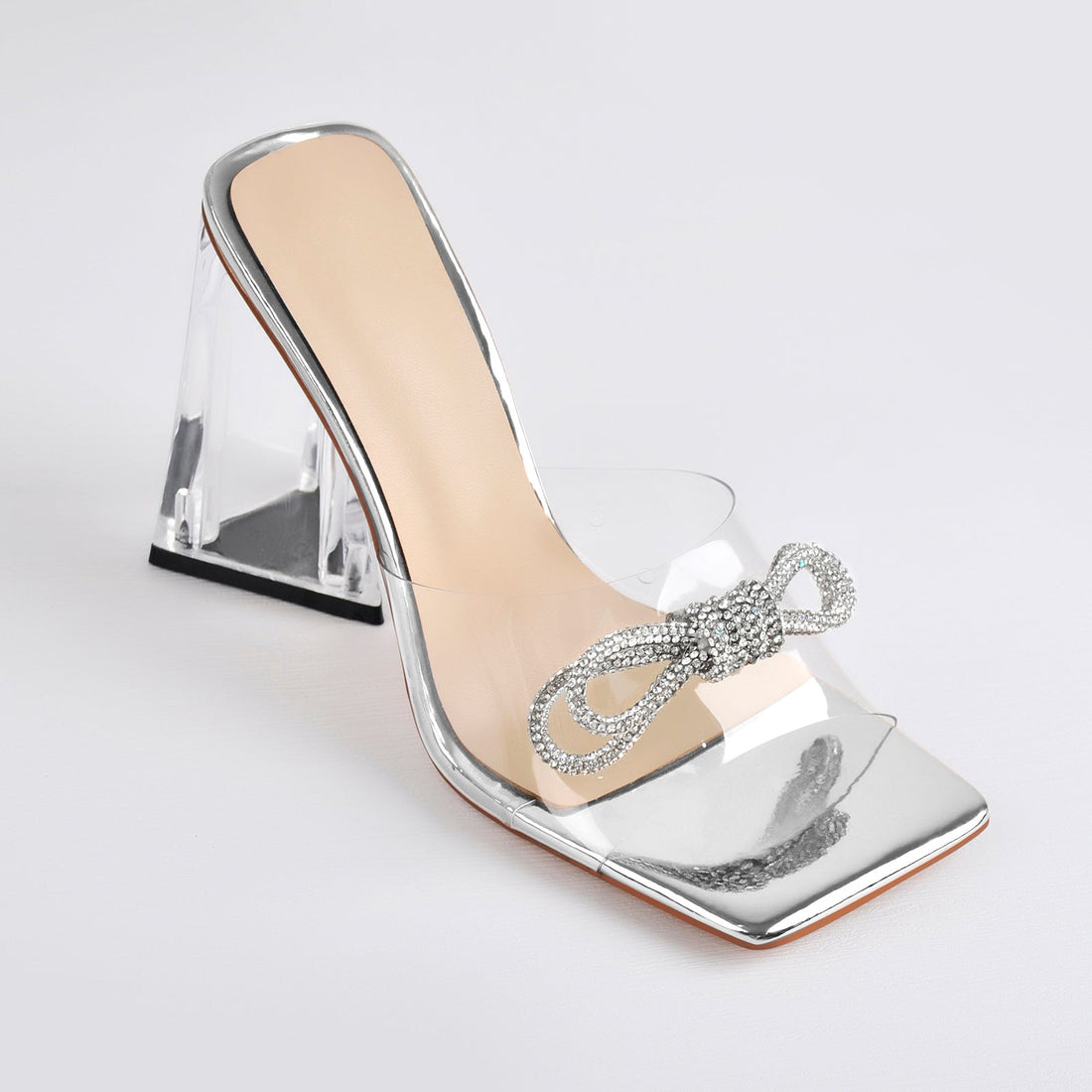 Square Toe Clear Band Diamante Bow Sandals