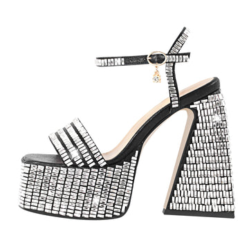 Rhinestone Square Toe Chunky Heel Platform Sandals