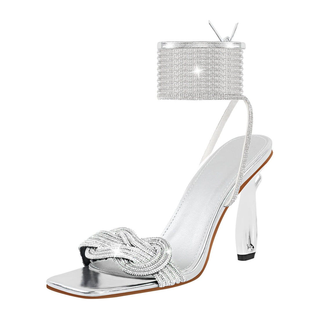 Rhinestone Square Toe Ankle Strap Silver Sandals