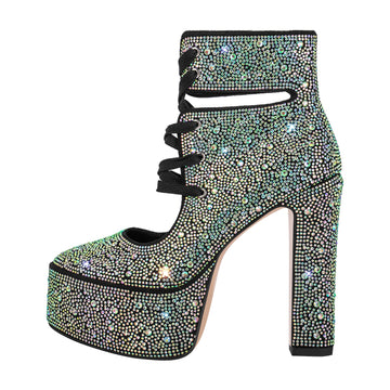 Platform Rhinestone Lace-up High Heel Ankle Boots