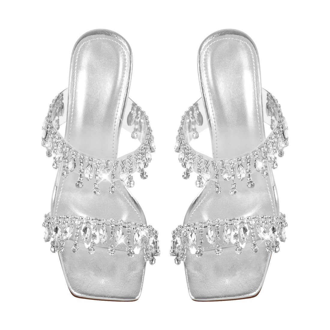 Silver Rhinestone Square Toe Clear Chunky Heel Sandals