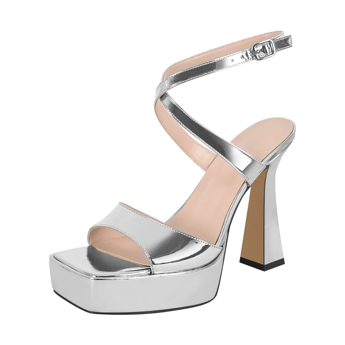 Square Toe Ankle Strap Silver Sandals