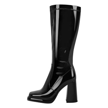 Platform Square Toe Chunky Heel Knee High Boots