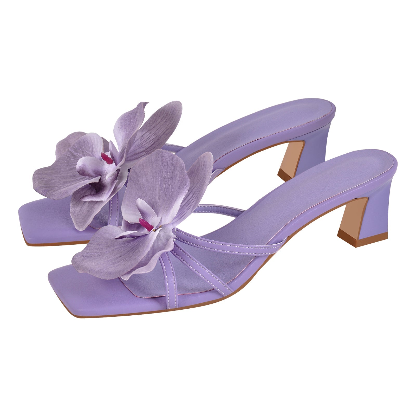 Flower Square Toe Chunky Heel Sandals Mules - Omiley®