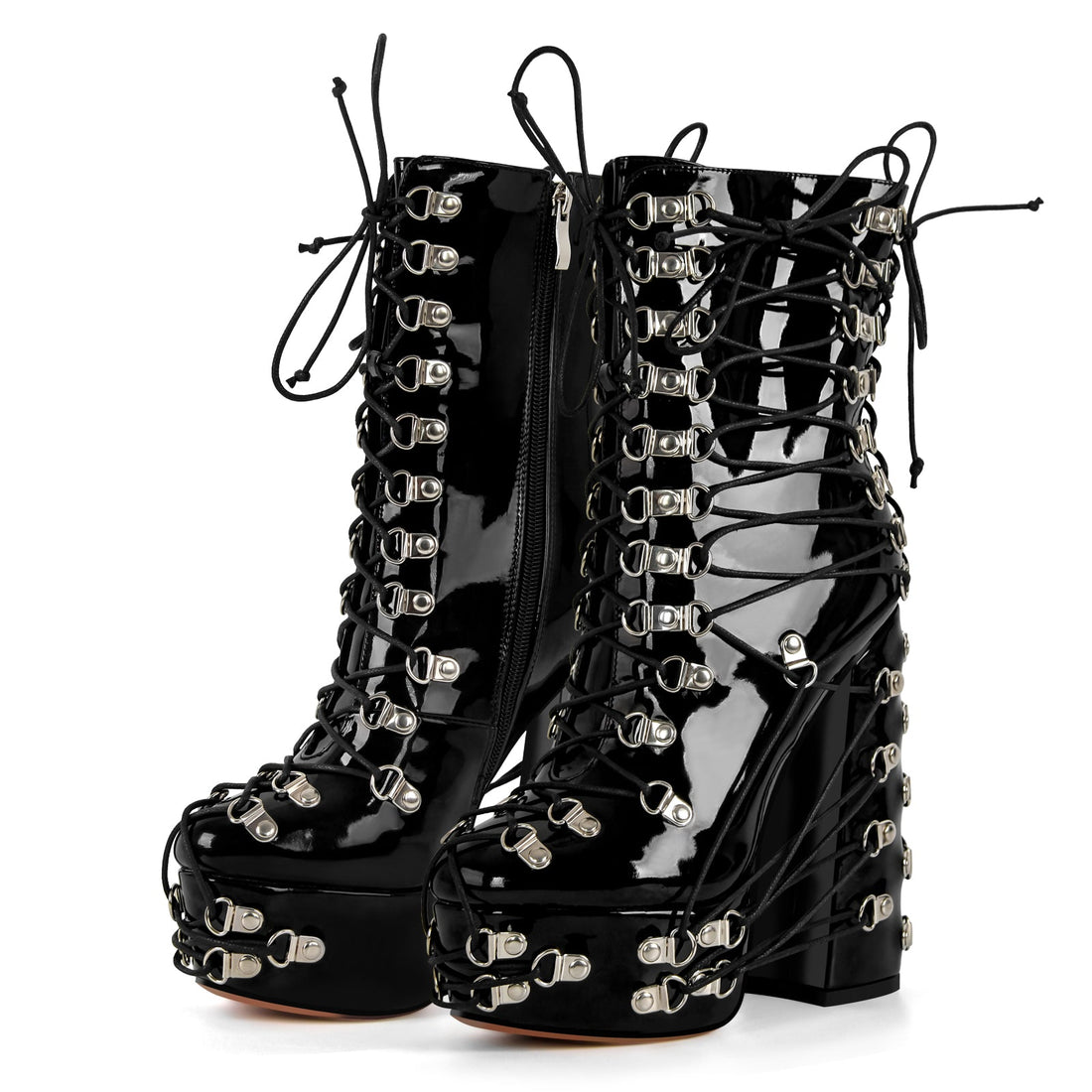 Platform Metal Buckles Lace-up Chunky Heel Ankle Boots