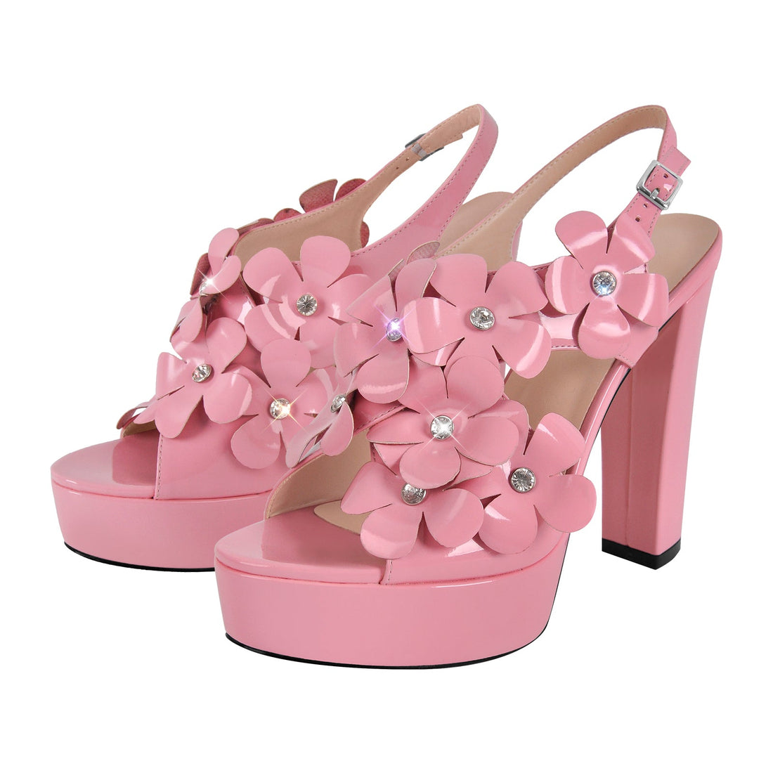 Flower Rhinestone Platform Chunky Heel Slingback Sandals