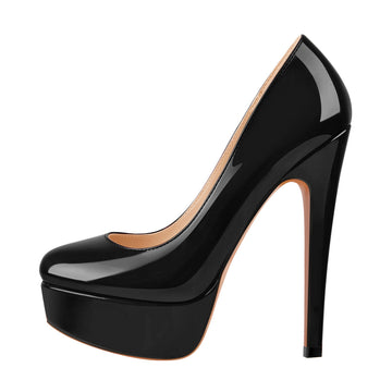 Black Round Toe Stiletto High Heels Slip-on Pumps