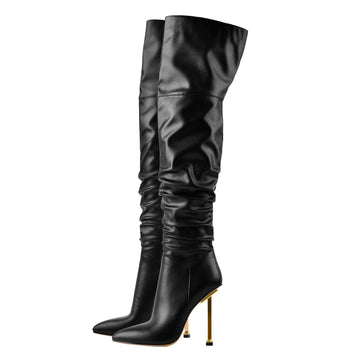 Pointed Toe Matte Black Metal Heels Stiletto Thigh Boots