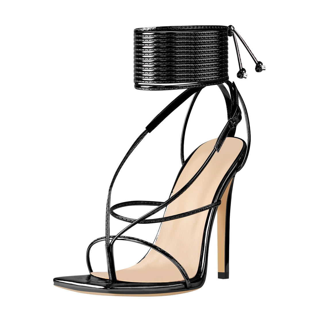 Black Square Toe Strap High Heel Stiletto Sandals