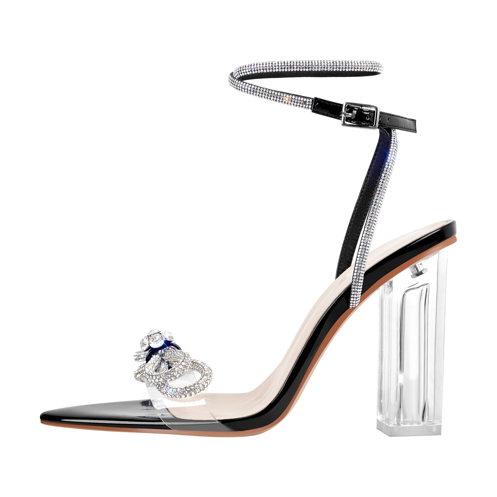 Rhinestone Bow Clear Chunky Heel Sandals - Omiley®