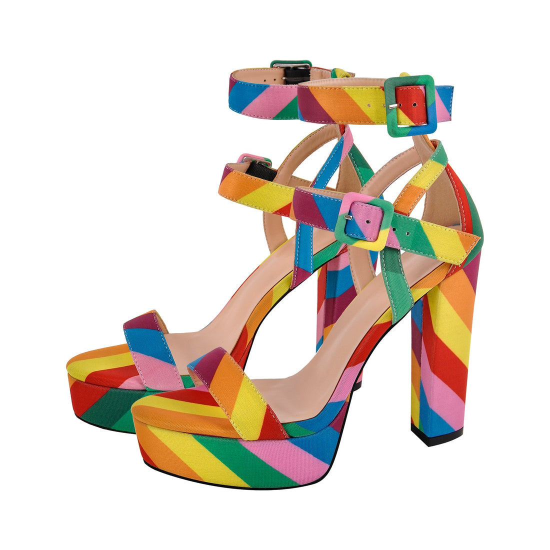 Rainbow Buckle Strap Chunky Heel Sandals