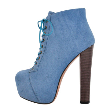 Blue Suede Platform Chunky Heel Ankle Boots