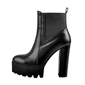 Round Toe Black Matte Leather Platform Chunky High Heel Ankle Boots