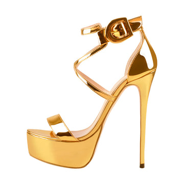 Gold Patent Leather Platform Stiletto Crisscross Ankle Strap Sandals