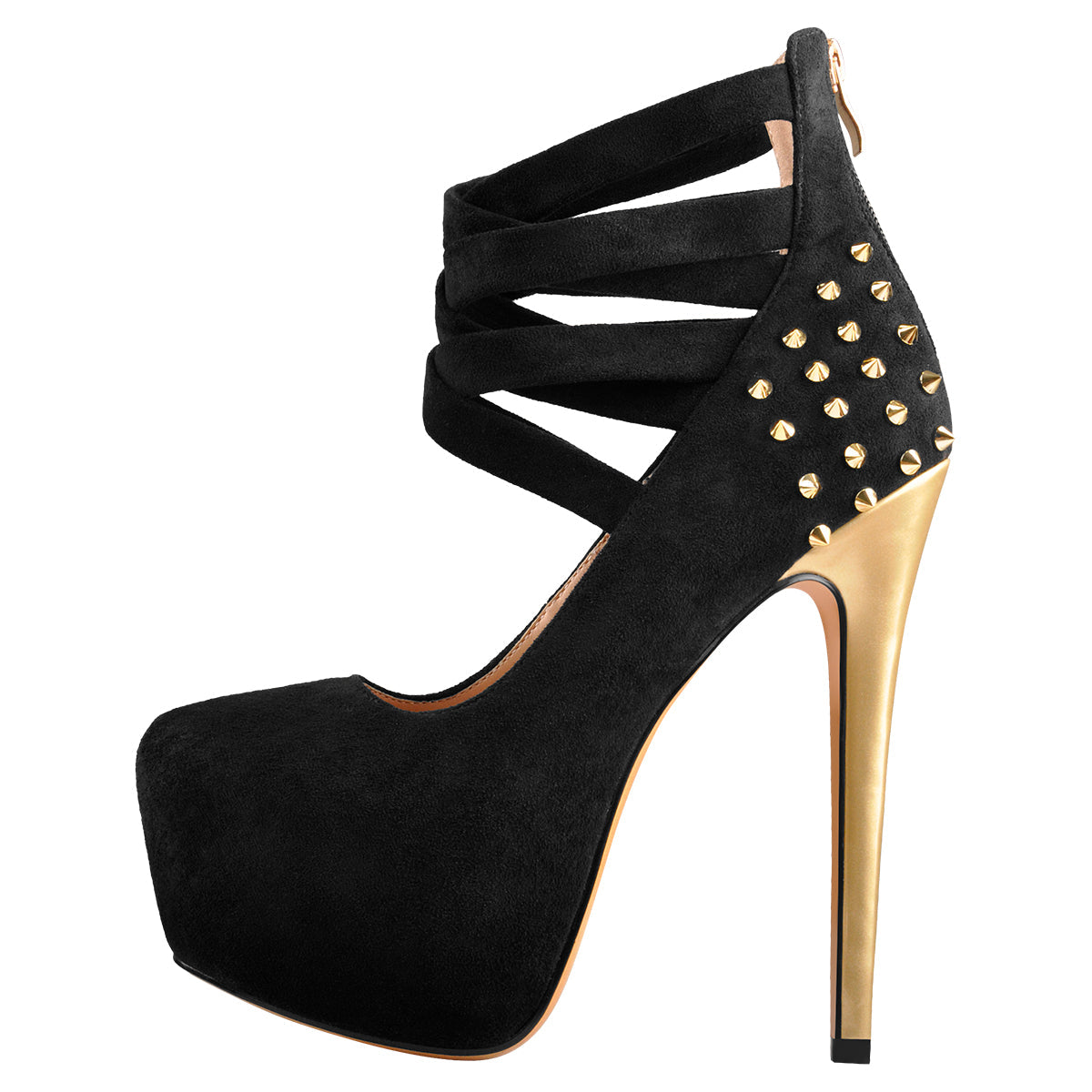 Round Toe Platform Metallic Rivet High Heel Pumps