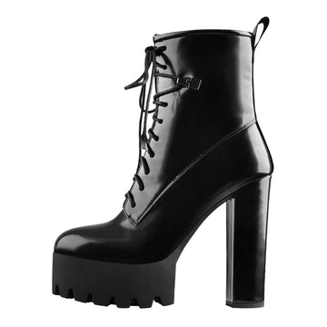 Lace Up Platform Round Toe Chunky Heels Ankle Boots