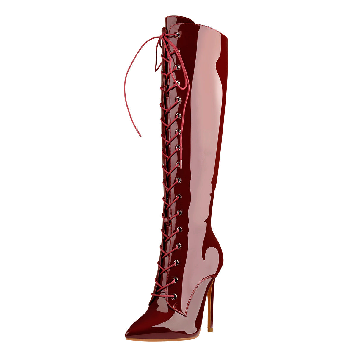 Burgundy Patent Leather Lace Up Knee High Boots