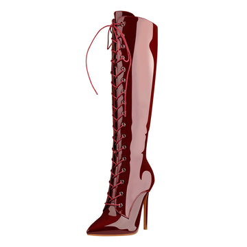 Burgundy Patent Leather Lace Up Knee High Boots