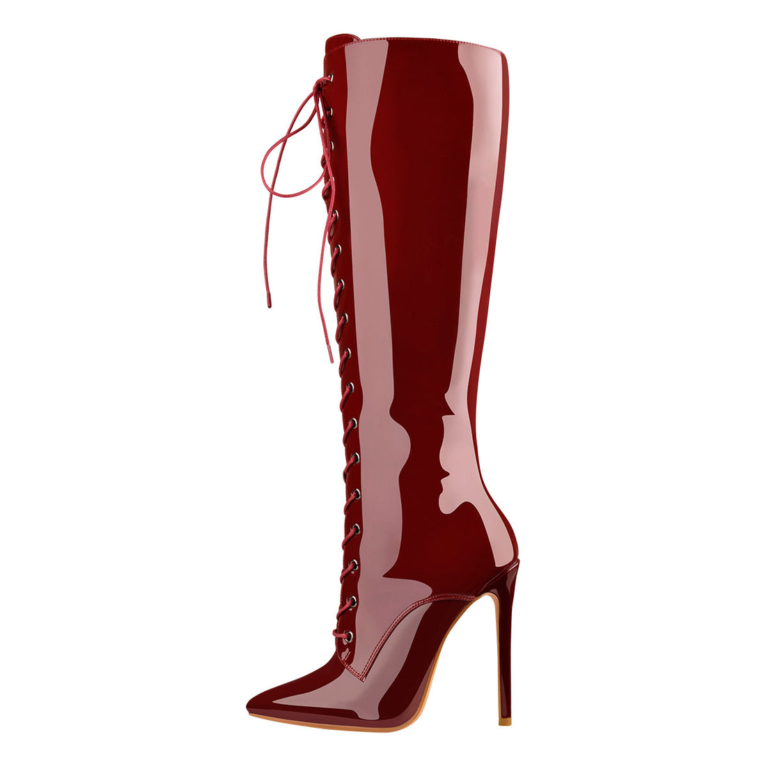 Burgundy Patent Leather Lace Up Knee High Boots