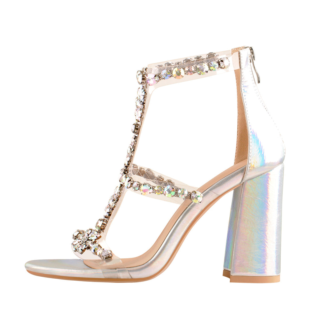 Open Toe Gem Rhinestone Transparent Strap Chunky Heel Sandals