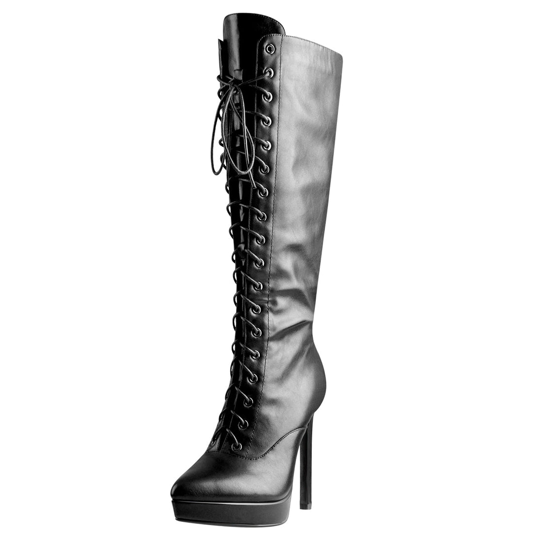 Black Matte Leather Platform Lace-Up High Heel Boots