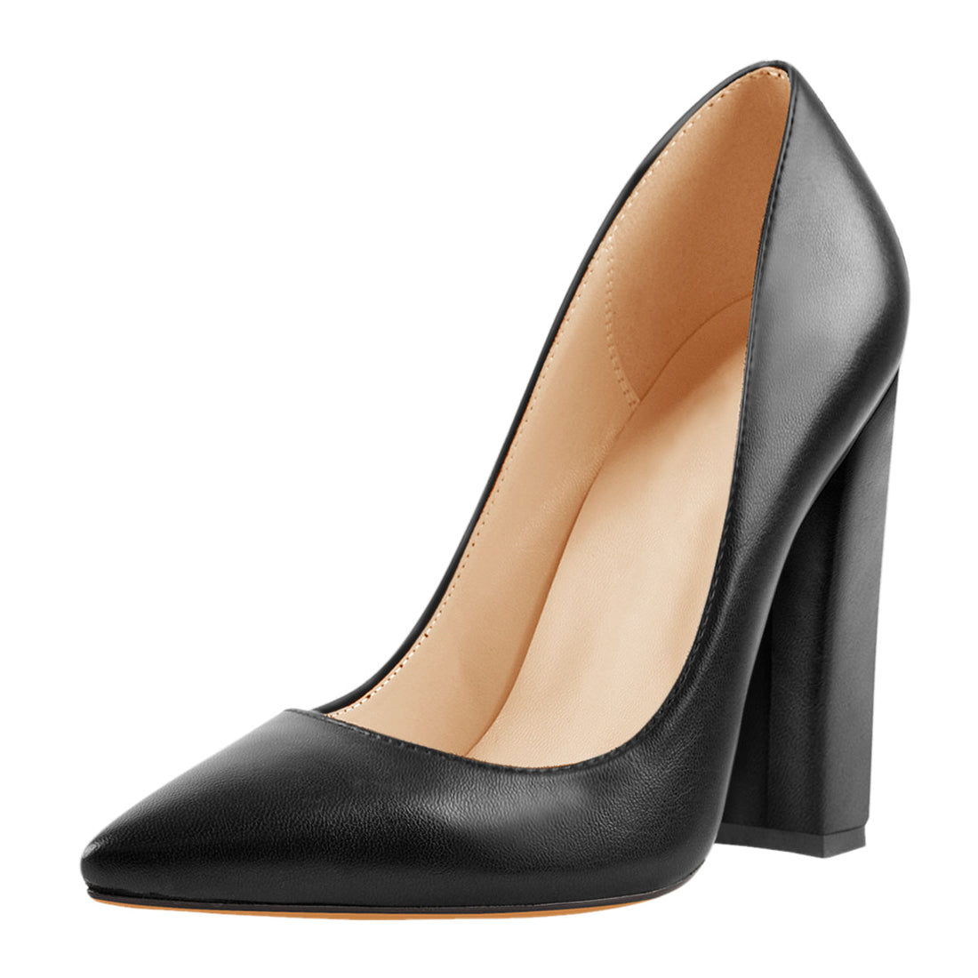 Matte Black Elegant Classic Pointed Toe Pumps Chunky Heels