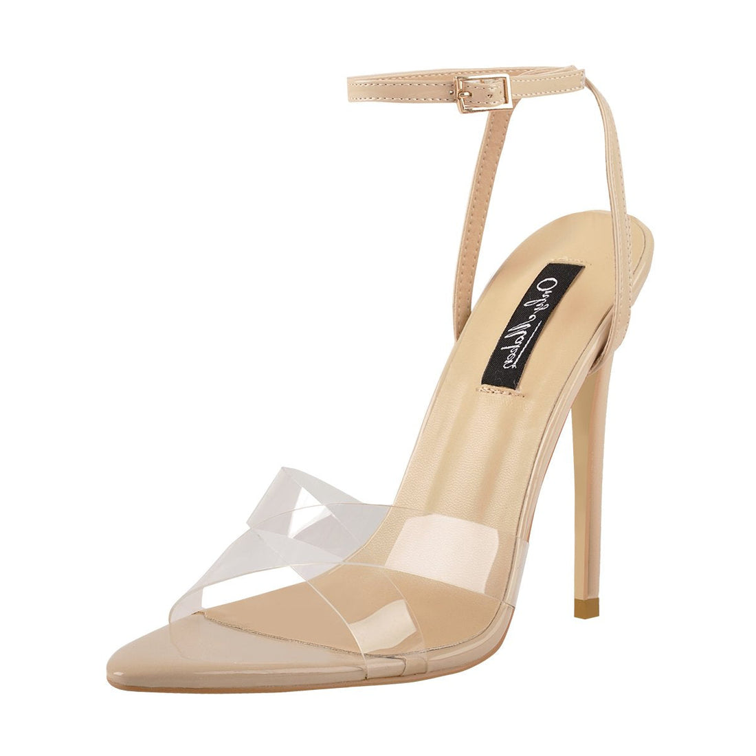 Clear Cross Band Pointy Open Toe Beige High Heel Sandals